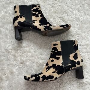 Vintage 90s Y2K Via Spiga 7.5 Cow Print Suede Square Toe Slip on boots Wood Heel